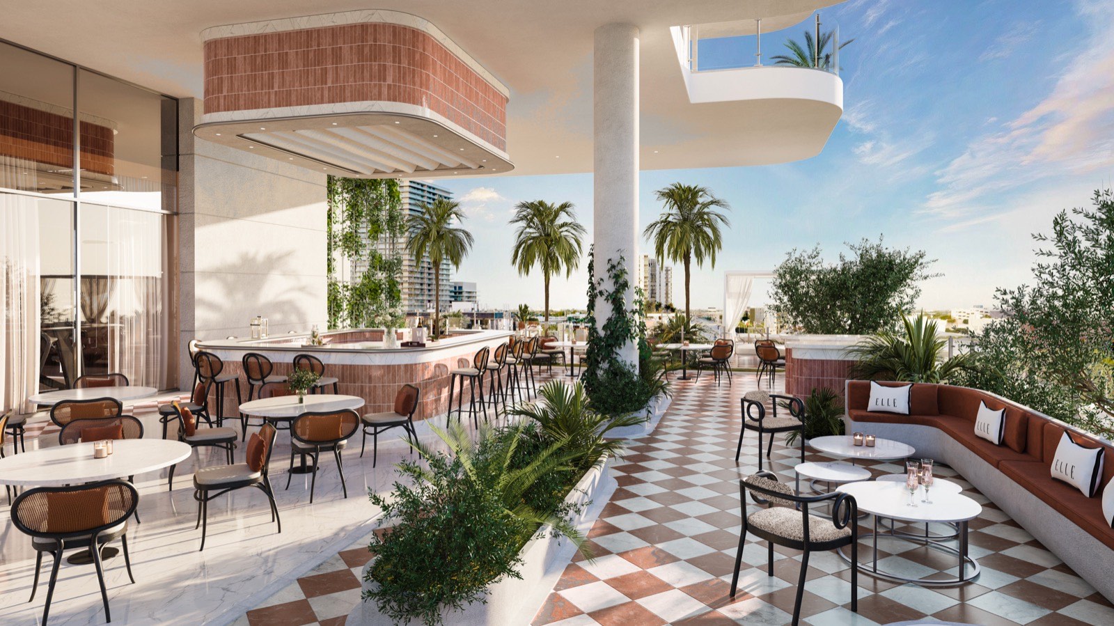 The Terrasse resort pool deck on the 4th floor of ELLE Residences Miami with cabanas and bay views