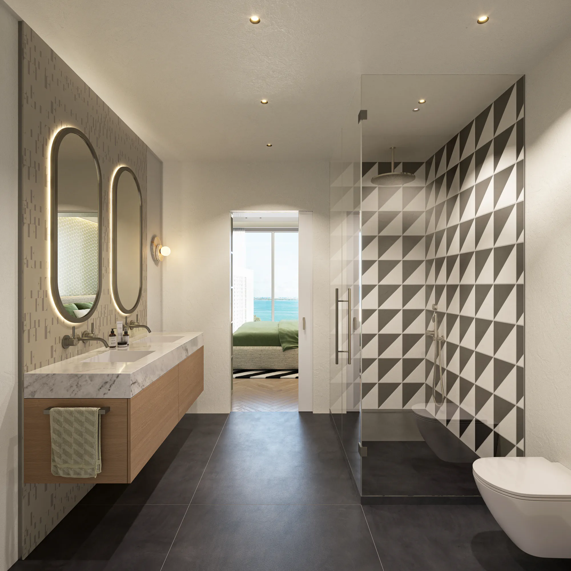 Sage-toned bathroom finishes with brass fixtures