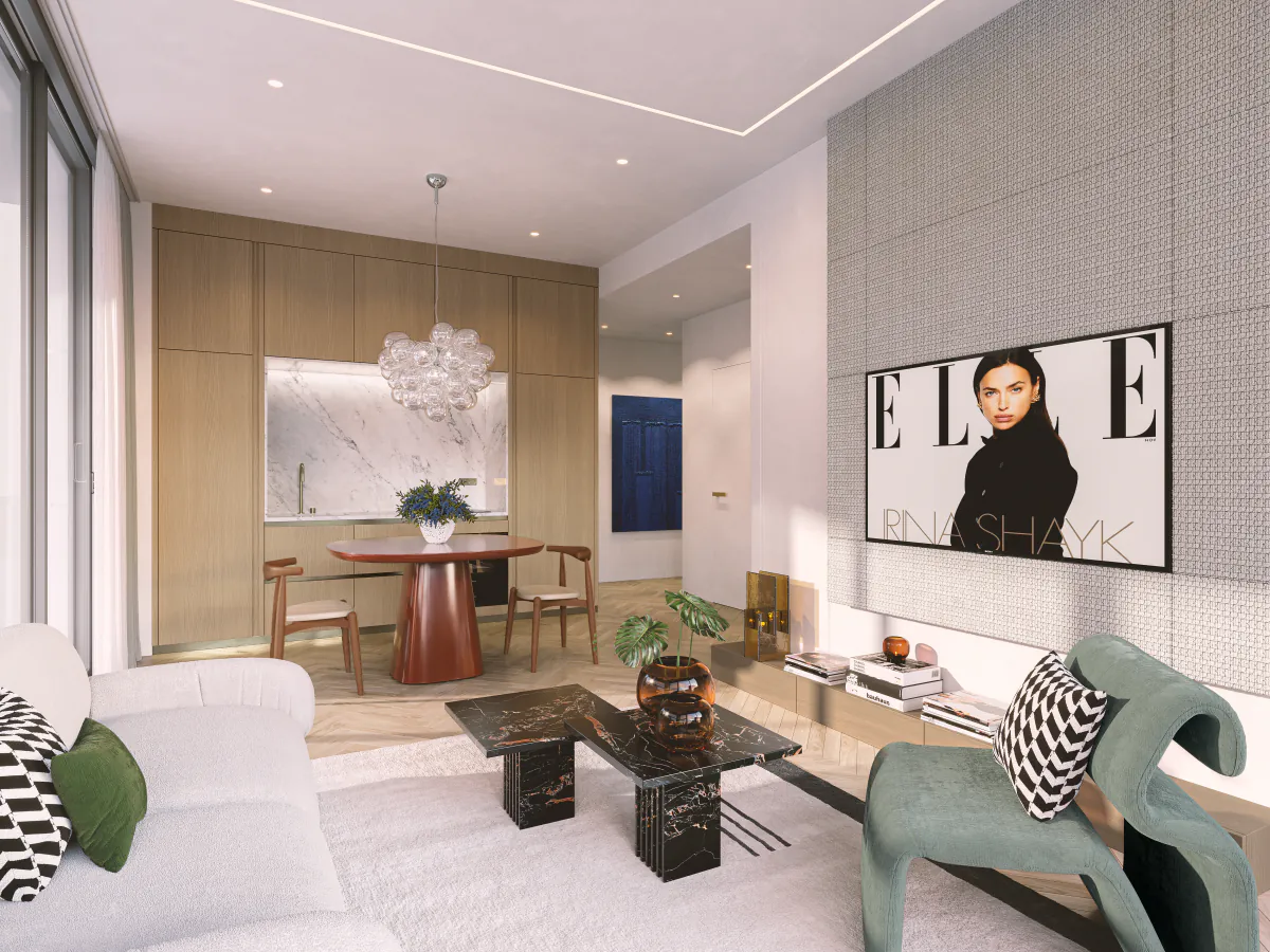 Two-bedroom Deux residence living and dining area